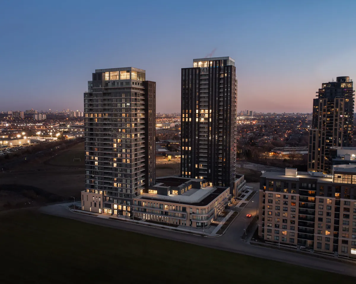 The tower photographed from the air at blue hour