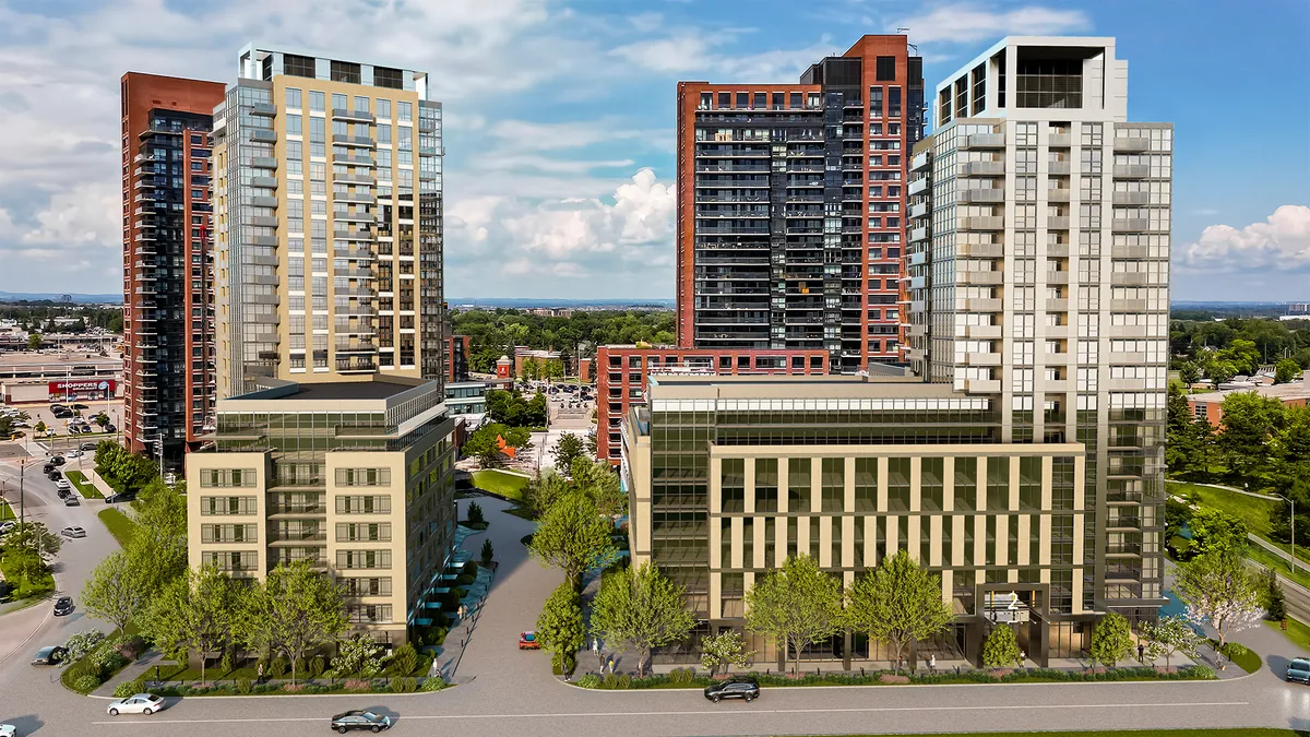 Aerial view of the towers and low-rise blocks at Weston and Finch