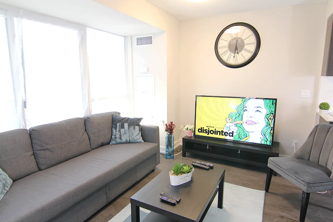 Living room in the one-bedroom suite with a sofa and television