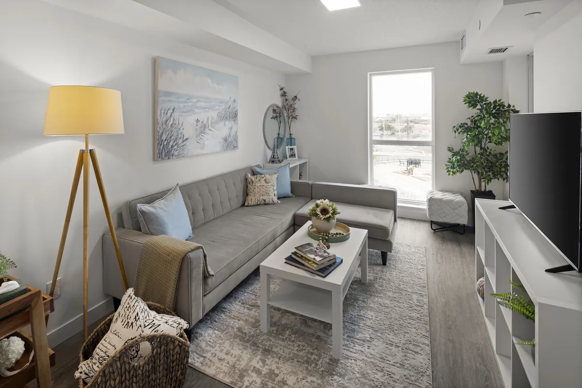Shared living area with floor-to-ceiling windows